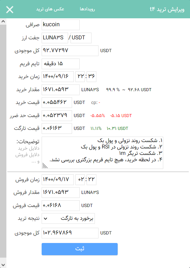 فرم ثبت و یادداشت ترید